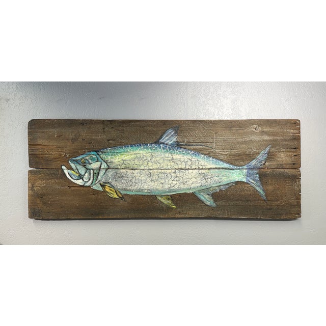 Rustic Original Tarpon Fish Painting on Salvaged Wood Planks For Sale - Image 3 of 7