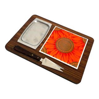 Vintage Japanese Cheese Board With Sunflower Tile, Steel Tray, and Knife - 3 Pieces For Sale