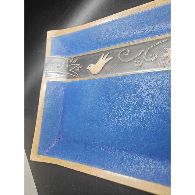 Folk Art Vintage Blue Mezuzah Ceramic Hand Thrown Platter, Signed For Sale - Image 3 of 4