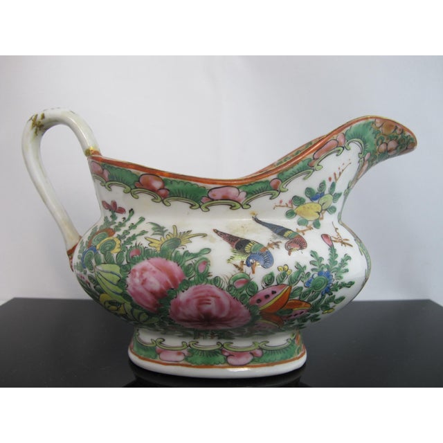 Antique Chinese Famille Rose Medallion Heavy Porcelain Gravy Boat Saucer Pitcher For Sale - Image 4 of 9