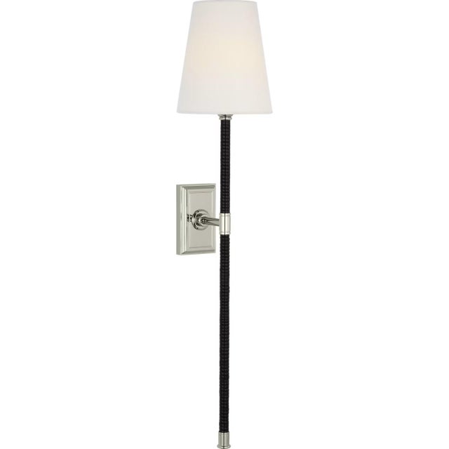 Visual Comfort Chapman & Myers for Visual Comfort Signature Basden 29" Tail Sconce in Polished Nickel and Black Rattan with Linen Shade For Sale - Image 4 of 8