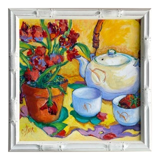Vintage Carole Flagg Still Life in New Bamboo Style Wood Frame For Sale