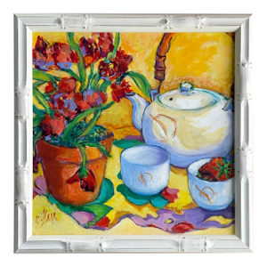Vintage Carole Flagg Still Life in New Bamboo Style Wood Frame
