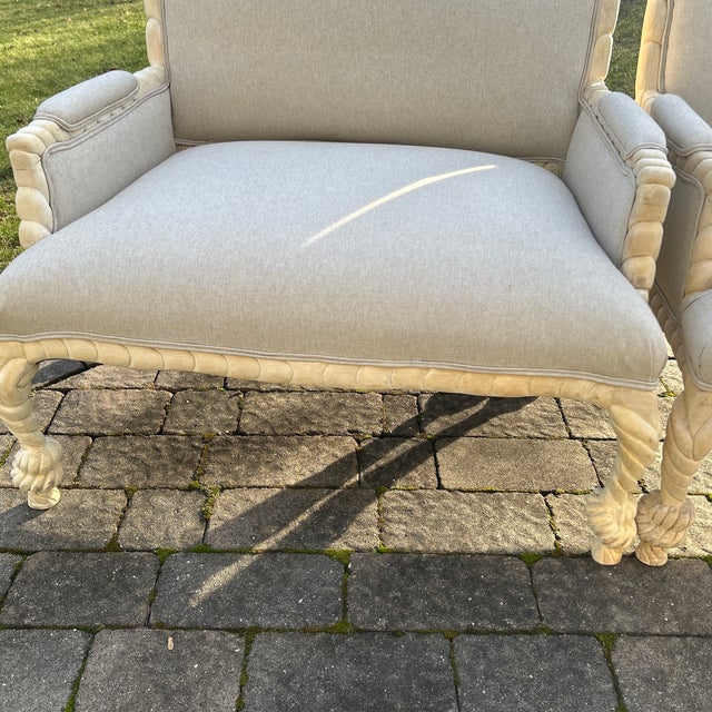 Modern Late 20th Century Pair Twisted Rope Wood Carved Arm Chairs For Sale - Image 3 of 9