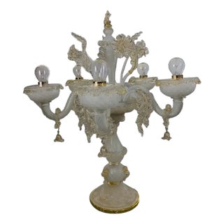 Murano Glass White and Gold Table Lamp with Flowers and Leaves by Simoeng For Sale