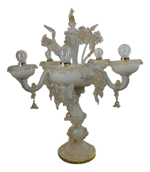 Murano Glass White and Gold Table Lamp with Flowers and Leaves by Simoeng