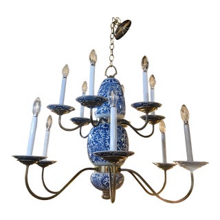 Vintage Mid 20th Century Blue and White Porcelain Chandelier For Sale