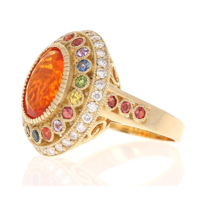 Early 21st Century 5.14 Carat Natural Fire Opal Sapphire and Diamond Yellow Gold Cocktail Ring Size 7 For Sale - Image 5 of 8