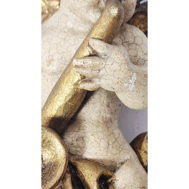 Winged Putto Playing the Wind Instrument Carved in Wood, Early 1900s For Sale - Image 6 of 17