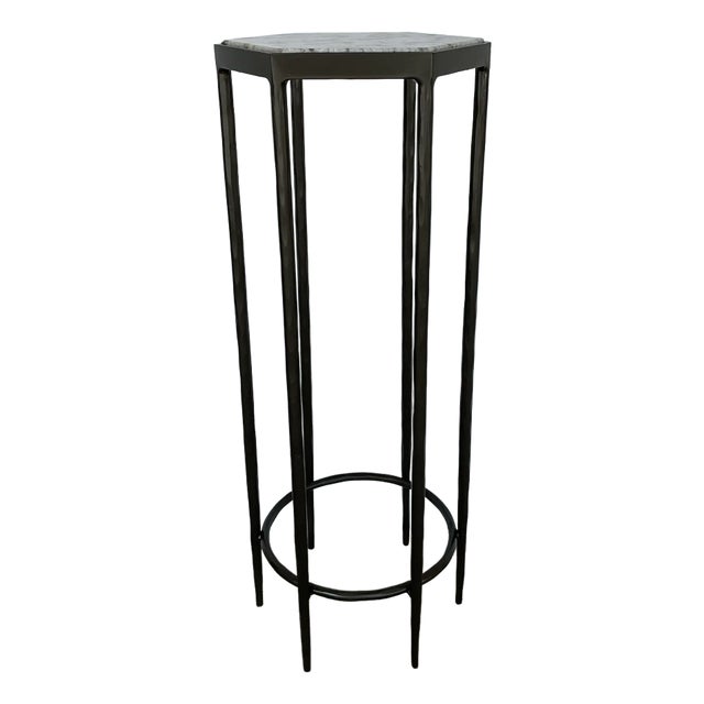 Currey & Company Modern White and Taupe Marble Hexagonal Tosi Accent Table For Sale