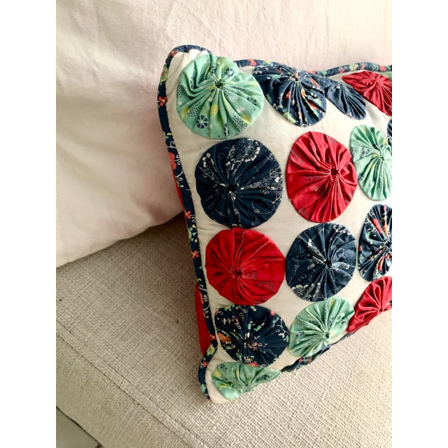 Vintage handmade Yo- Yo Quilted Accent Pillow 13” X 9.5” Multicolor , red , blue and green yo- yo design, reversible to...