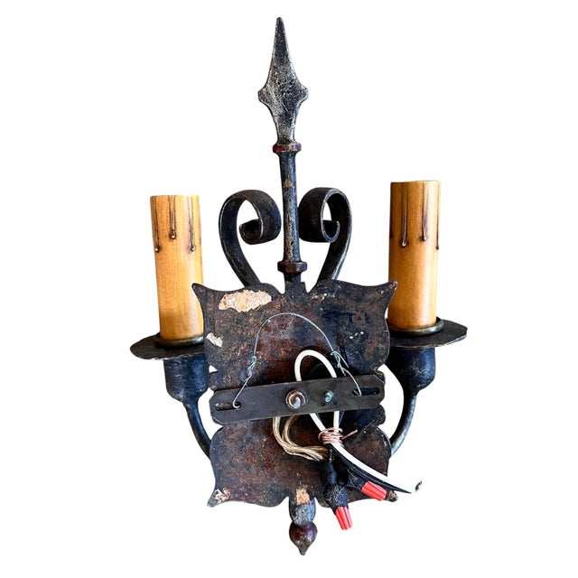 1920 Mediterranean Inspired Sconces, Iron and Brass With Original Old Paints - a Pair For Sale - Image 4 of 6