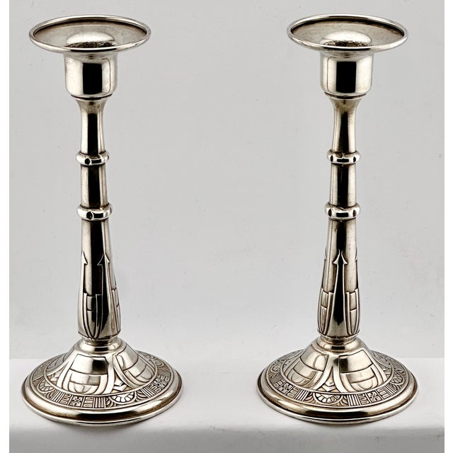 Fine Quality Vintage Mid 1900s Retro Art Deco Sterling Silver Candlesticks by Alvin Silver Company - Matching Pair For Sale - Image 9 of 18