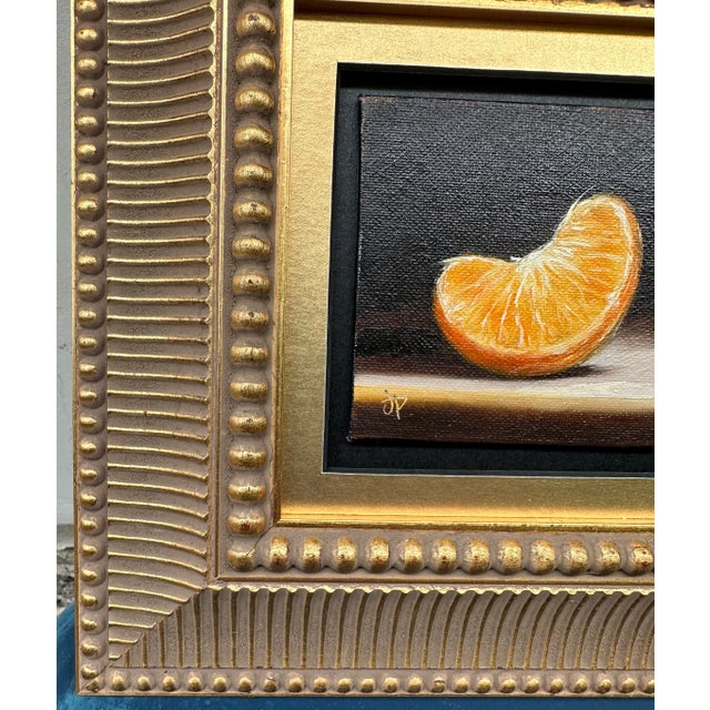 21st Century Orange Slice Oil on Board Gilt Wood Framed Painting Yellow Black Gold Handmade Signed Still Life Fruit For Sale - Image 4 of 13