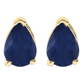 14K Yellow Gold 6x4MM Pear Shaped Blue Sapphire Solitaire Stud Earrings For Sale