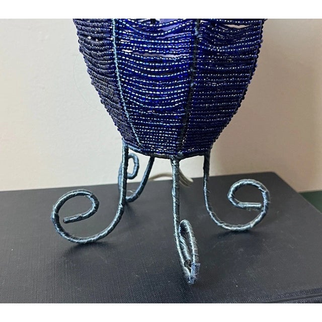 1990s Vintage Royal Blue Beaded Tulip Metal Scroll Frame Lamp For Sale - Image 5 of 6