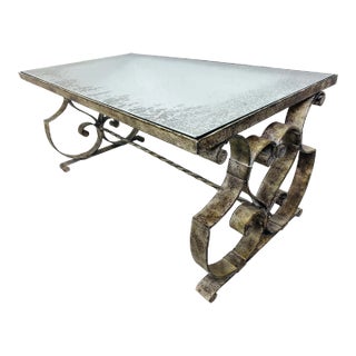 Vintage Hand Forged Wrought Iron Coffee Table With Antique Mirror Top. For Sale