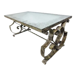 Vintage Hand Forged Wrought Iron Coffee Table With Antique Mirror Top.