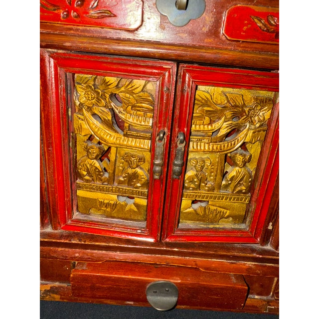 Vintage Chinese Red Lacquered Carved Wood Jewelry Box Vanity With Mirror For Sale In Los Angeles - Image 6 of 10
