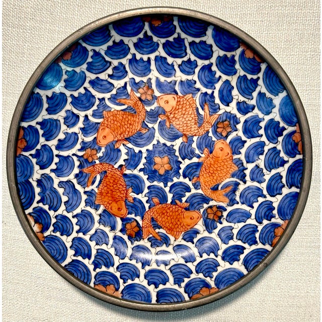 MCM Neiman Marcus Pewter and Porcelain Koi Fish Plates Bowls For Sale - Image 4 of 6