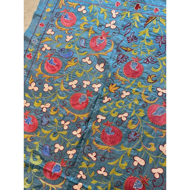 Blue Silk Suzani Wall Decor With Red Pomegranates For Sale - Image 9 of 10