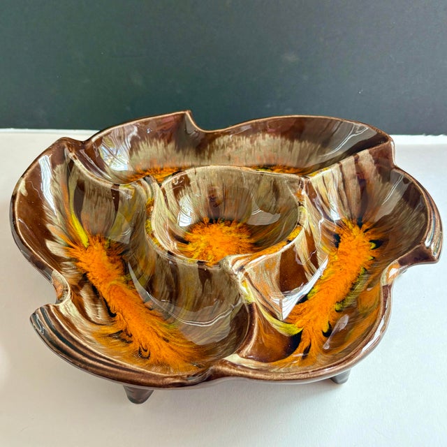 1960s 1960s Mid-Century Modern California Pottery Orange & Brown Drip Glaze Divided Serving Dish For Sale - Image 5 of 9