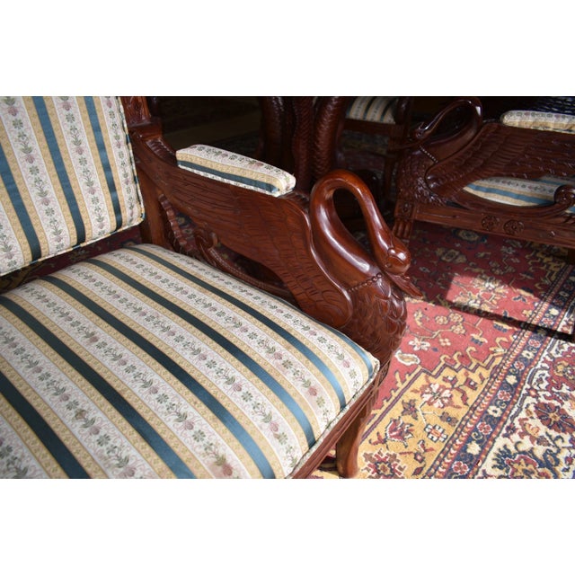 Vintage Carved Dining Set Table 4 Chairs Glass Top, Koi/Fish Swan Carved Dining Set Table- Set of 6 For Sale - Image 11 of 12