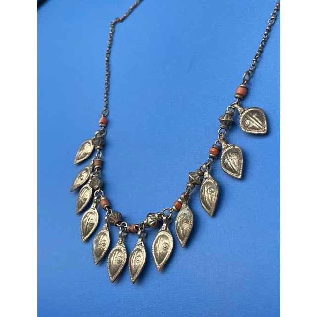 Antique Turkmen / Yemen Tribal Silver Keaf Necklace, Coral Accents. For Sale - Image 9 of 10