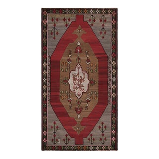 Mid Century Vintage Kilim Red Gray Medallion Floral Rug For Sale
