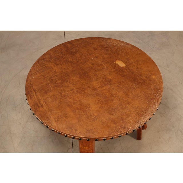 Mission Stickley Commemorative Leather-Top Round Oak Library Table For Sale - Image 3 of 18