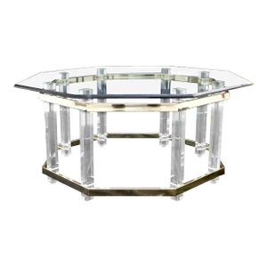 Mid 20th Century Lucite Glass & Brass Round Octagon Shape Coffee Table