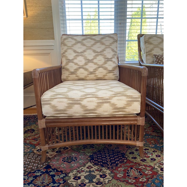 2020s Pencil Rattan Chairs Schumacher Santa Monica Ikat Fabric For Sale - Image 5 of 13