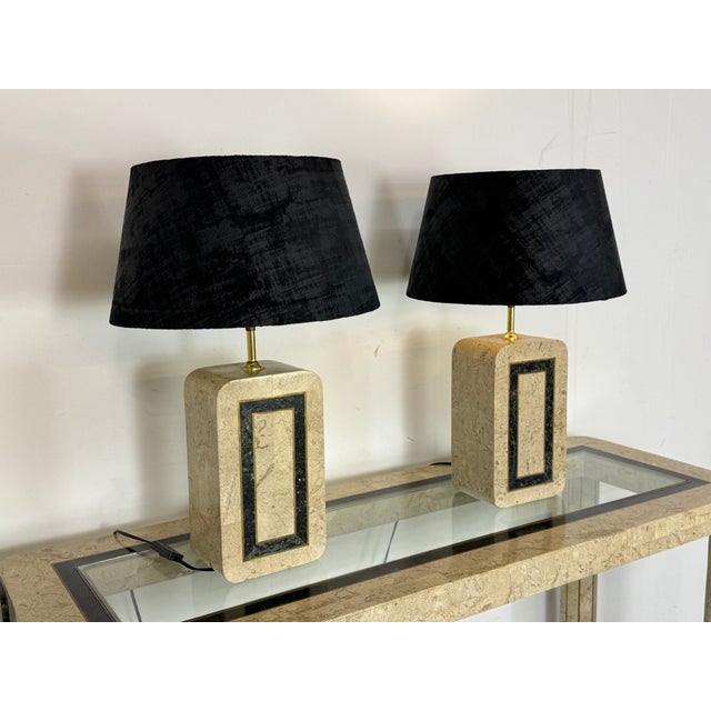 Vintage Italian Style Table Lamps in Travertine Marquetry with Brass Details from Maitland Smith, 1980s, Set of 2 For Sale - Image 11 of 11