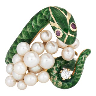 Vintage Enamel Snake Ring 14k Yellow Gold Sz 6 Cultured Pearl Diamond Band For Sale
