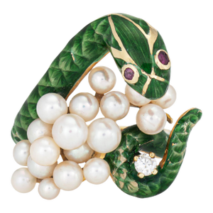 Vintage Enamel Snake Ring 14k Yellow Gold Sz 6 Cultured Pearl Diamond Band