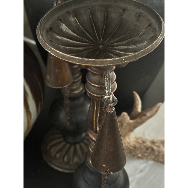 English 19th Century Tall Fireplace Pricket Candlesticks With Original Chain Snuffers | Pair For Sale - Image 3 of 5