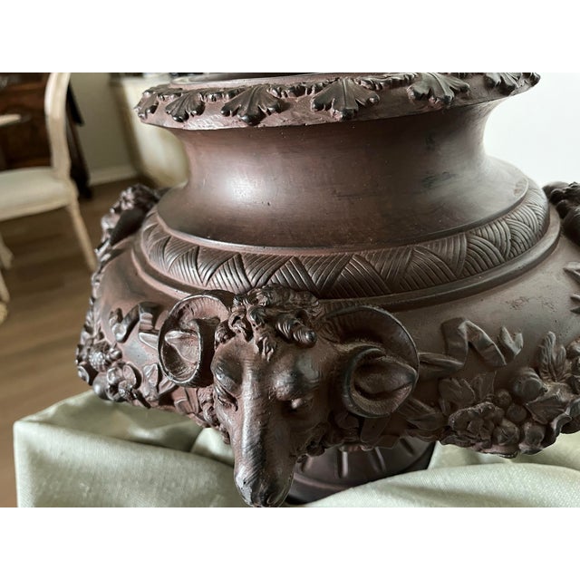 Antique Neoclassical Bronze Urn With Rams Heads and Floral Design For Sale - Image 4 of 7