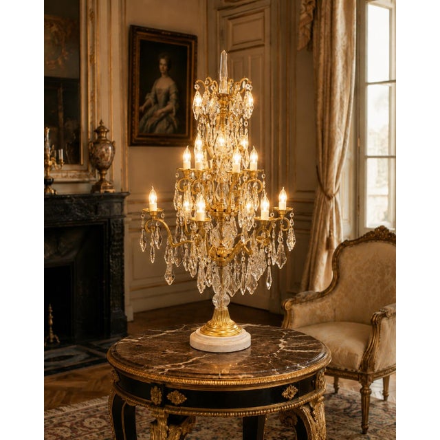 Metal 1990 French Louis XVI Gold Bronze Crystal Candelabra Table Lamp For Sale - Image 7 of 16