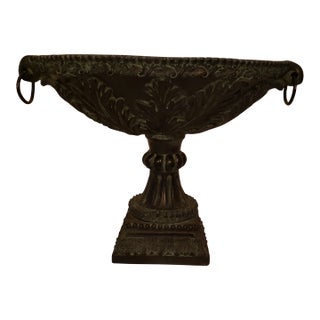 Vintage Heavy Carved Vase With Metal Rings With Weathered Patina Finish. For Sale