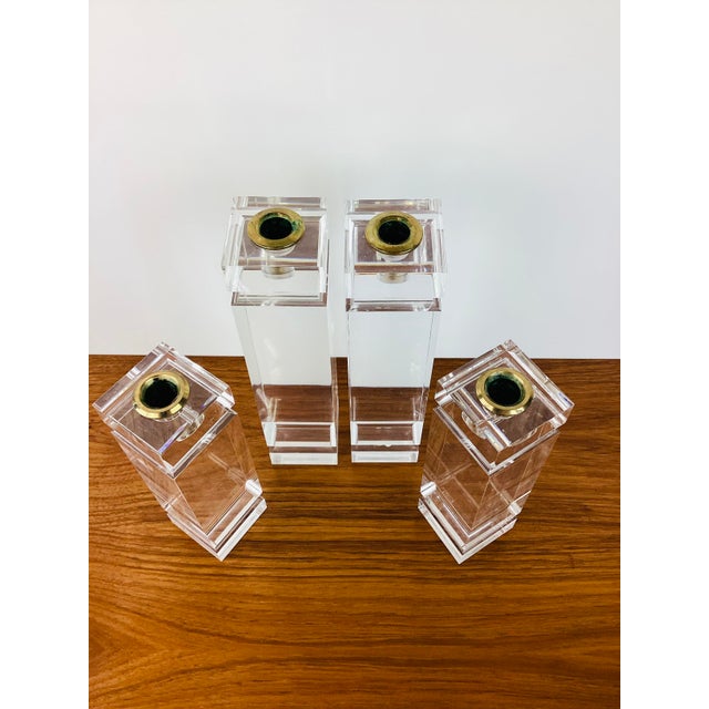 Transparent Vintage Karl Springer Style Chunky Clear Lucite Set of 4 Candle Holders For Sale - Image 8 of 8