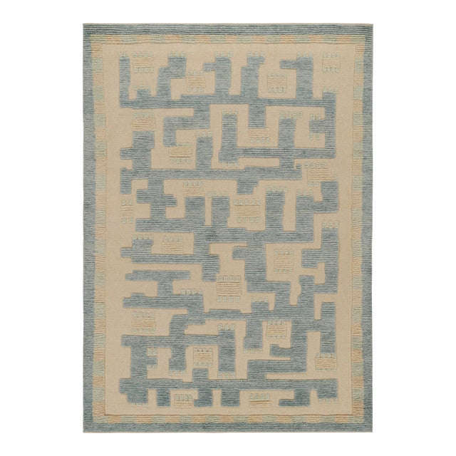 Rug & Kilim’s Scandinavian Style Rug in Blue & Beige Geometric Patterns For Sale