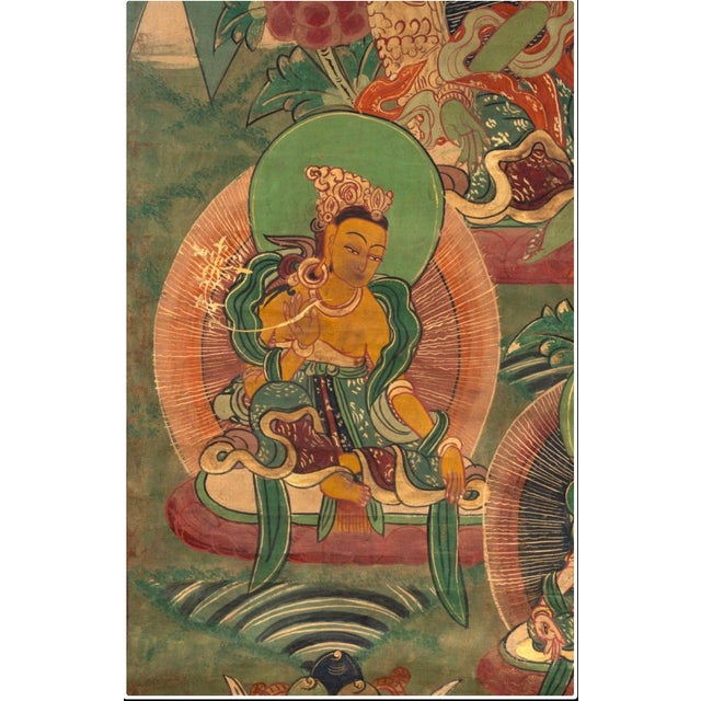 19th Century Tibetan Green Tara Thangka Painting on Cotton, Framed For Sale - Image 4 of 10