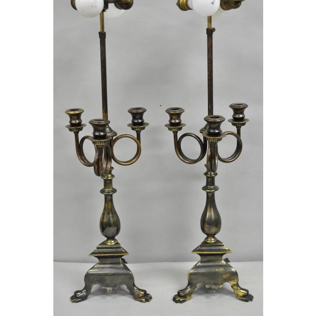 Late 20th Century Frederick Cooper French Empire Brass Patina Trumpet Candelabra Table Lamp Pair For Sale - Image 11 of 12