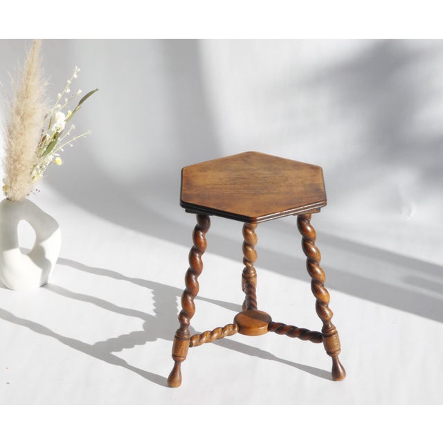 Antique Rustic Farmhouse Hexagon Wooden Barley Twist Plant Stand, 1920s For Sale - Image 4 of 9