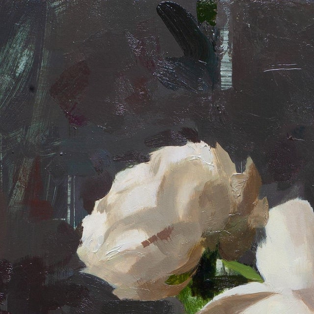 2020s Contemporary Roses on Grey by Jon Doran | Oil on Panel White Roses in Glass Still Life For Sale - Image 5 of 10