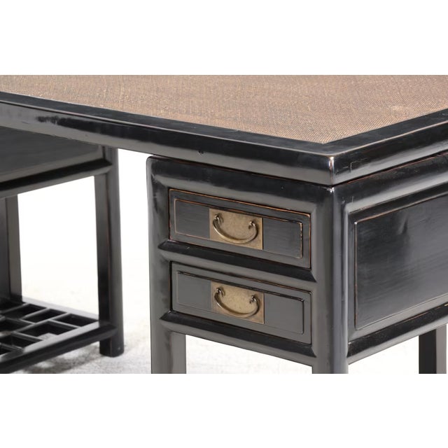 Chinese Antique Chinese Black Lacquer Scholar Travel Desk & Two Yoke Back Chairs For Sale - Image 3 of 18