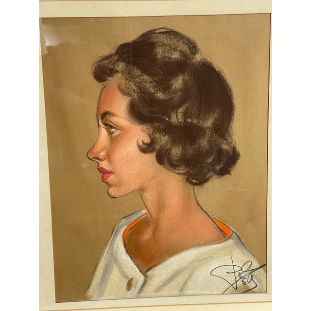 Original 1959 pastel portrait of a young woman in profile, rendered in warm, muted tones with a distinctly mid-century...