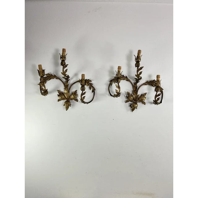 1960s Mid-Century 3-Light Wrought Iron Wall Lamps, 1960s, Set of 2 For Sale - Image 5 of 9