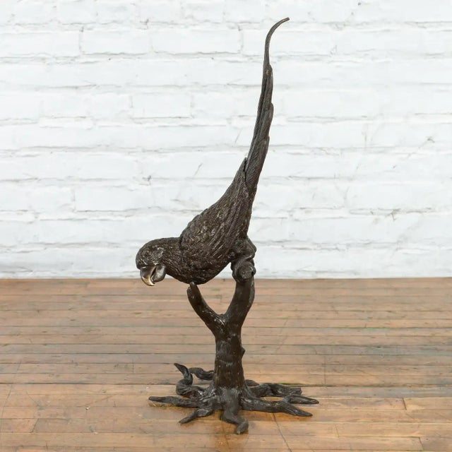 Contemporary Bronze Statue of a Parrot Perched on a Branch and Leaning Down, with Dark Patina For Sale - Image 12 of 13