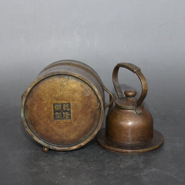 Chinoiserie Vintage Solid Bronze Wine / Teapot With Integrated Charcoal Stove, Antique Chinese Warming Kettle Set, Chinoiserie Tabletop Decor For Sale - Image 3 of 9